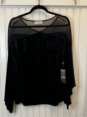 Lola & Sophie Black Velvet Illusion Neck Top W/Bell Sleeve Whimsygoth Bohemian